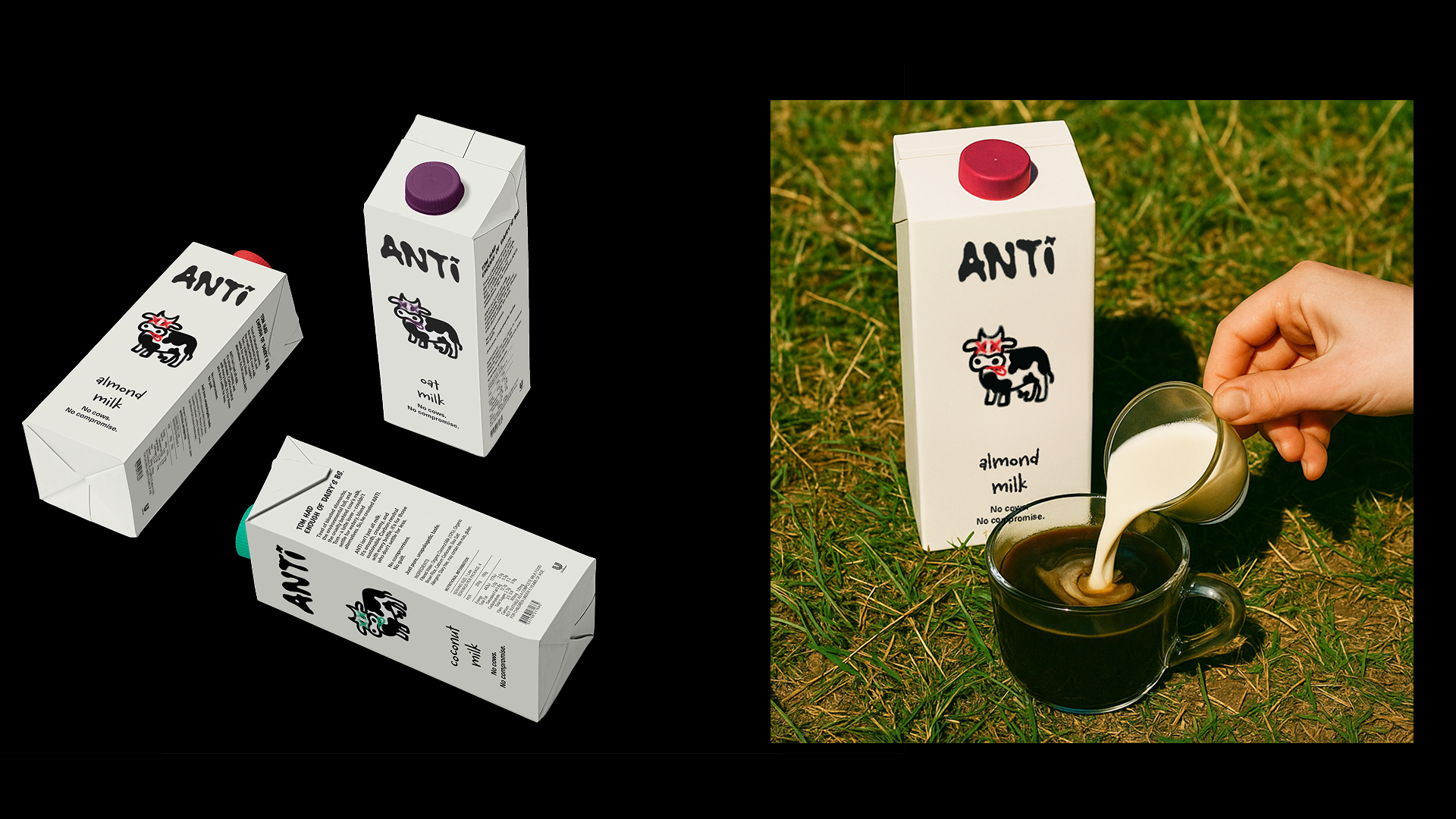 Anti almond, oat, and coconut milk cartons in a high-contrast black-and-white system, with a hand pouring almond milk into coffee on grass