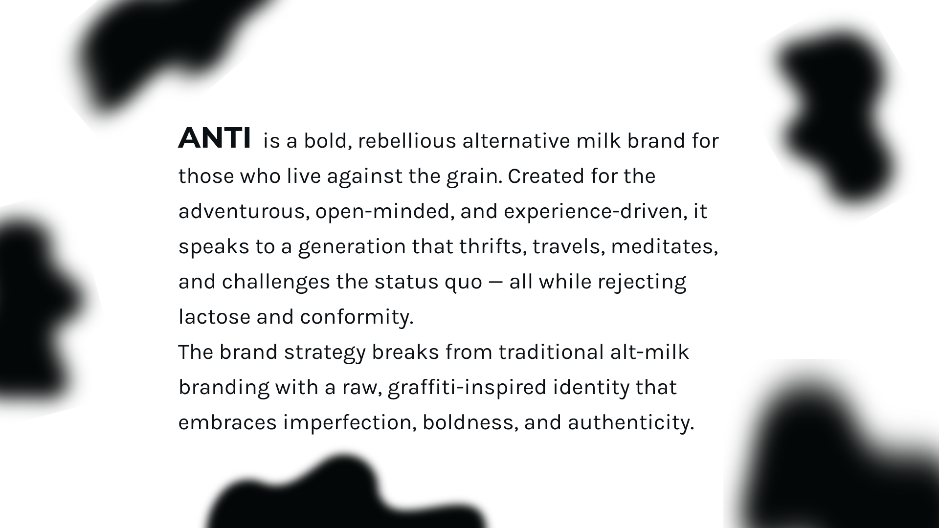 Anti brand background — bold cow-spot composition with manifesto copy