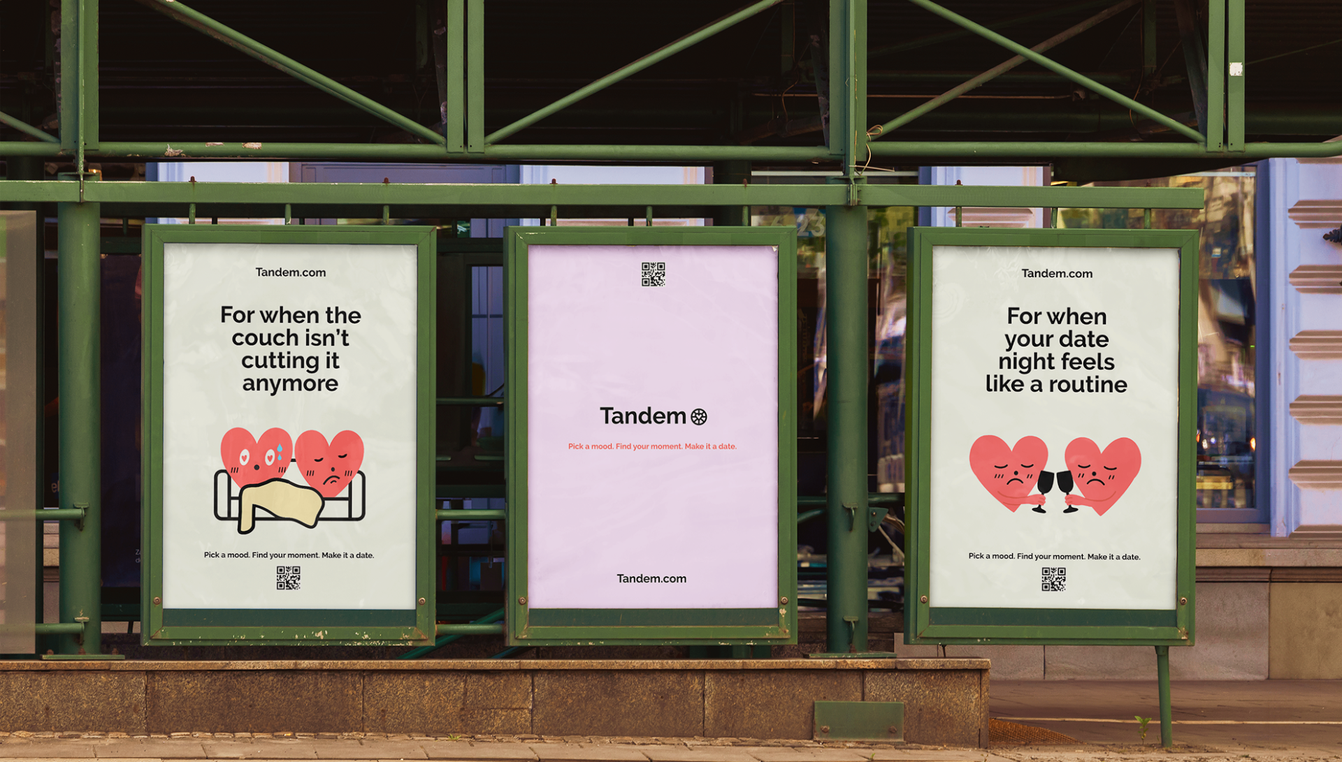 Tandem out-of-home poster campaign with character-driven heart illustrations on the street