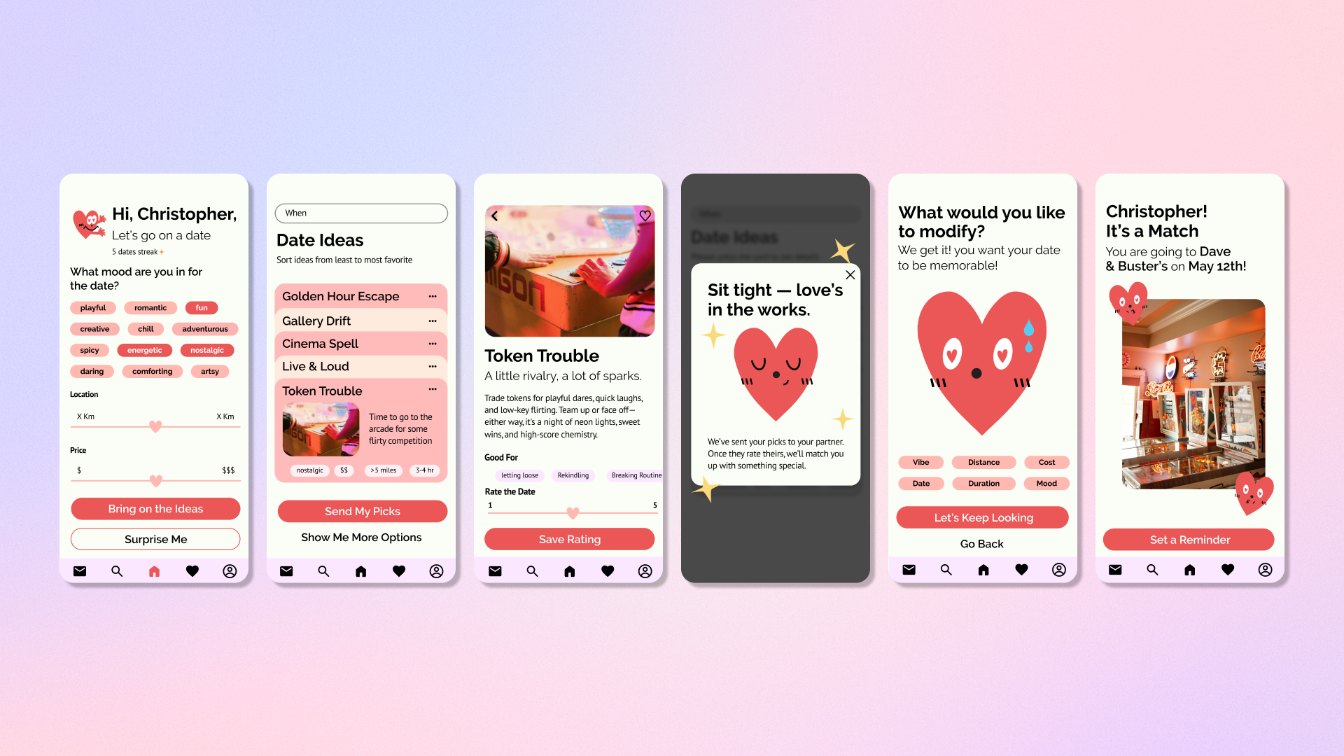 Six final Tandem app screens lined up: greeting and mood, date ideas list, Token Trouble detail, love's in the works pop-up, modify, and It's a Match