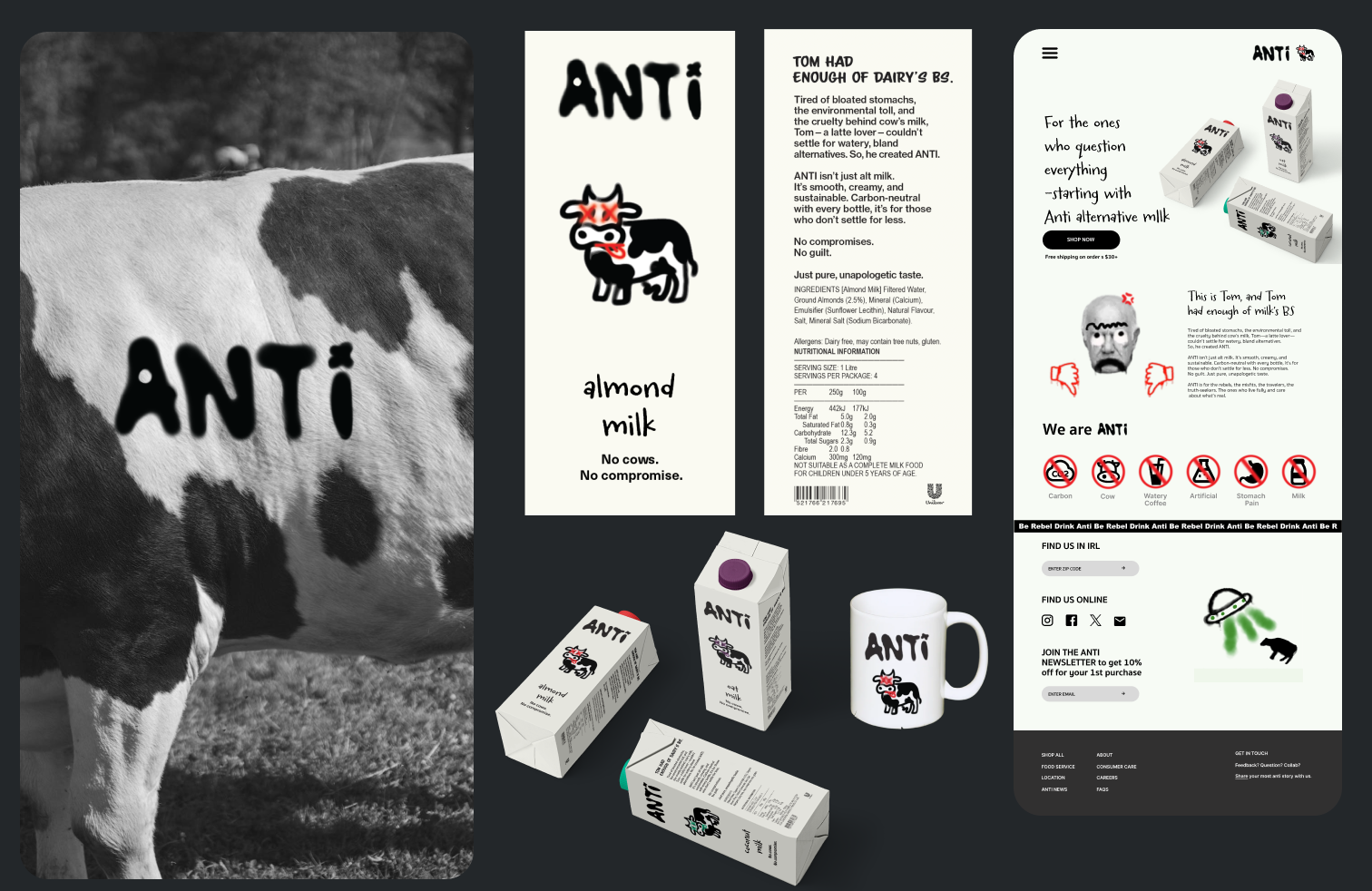 Full Anti brand system — cow imagery, packaging information design, carton mockups, mug, and web layout
